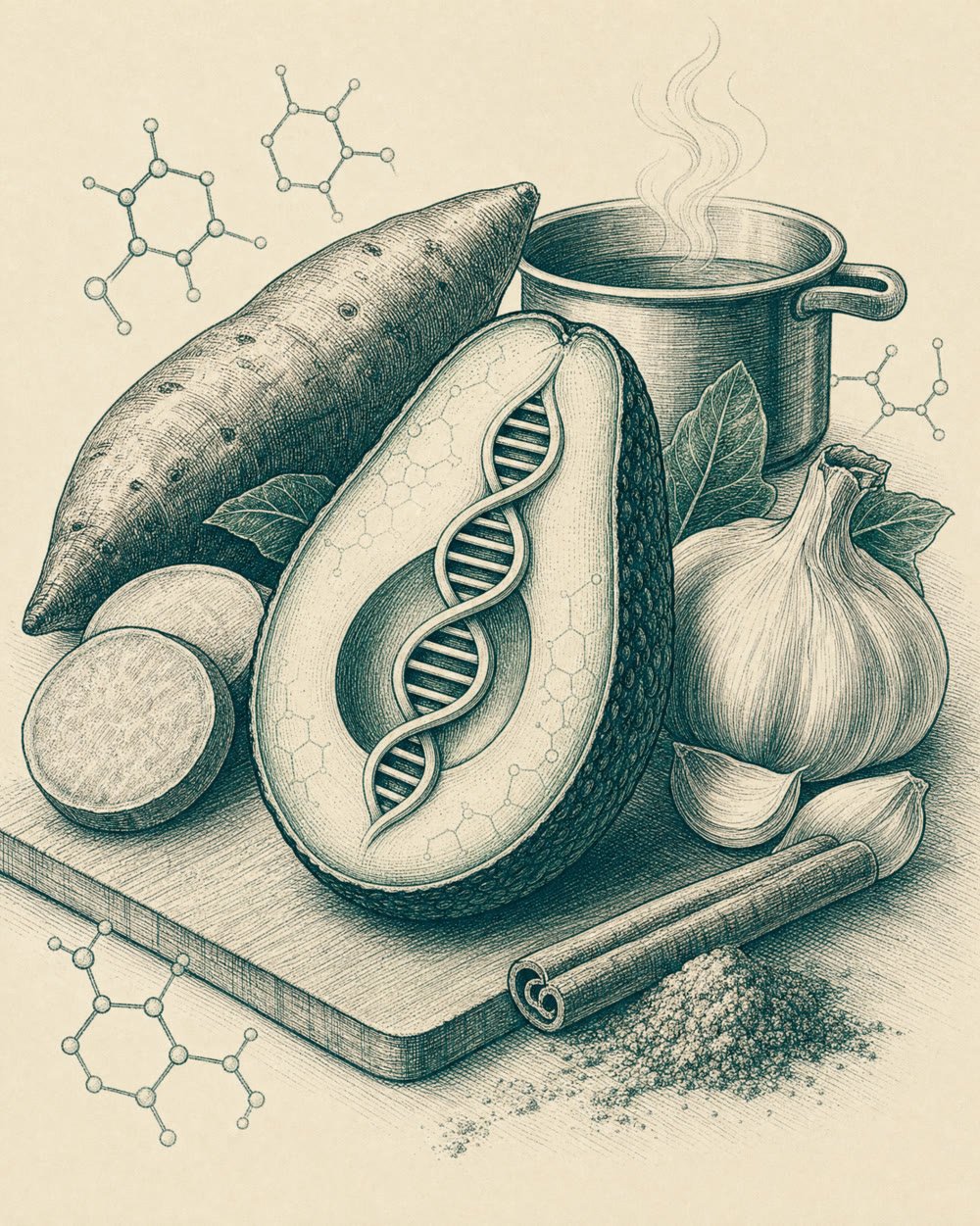 Ingredientes crus numa bancada de cozinha com uma ilustração científica de corte transversal ao lado