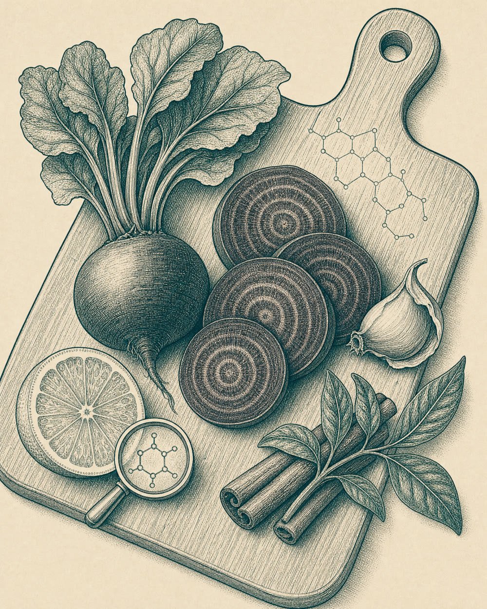 Ingredientes crus e uma ilustração científica de corte transversal sobre uma bancada de cozinha